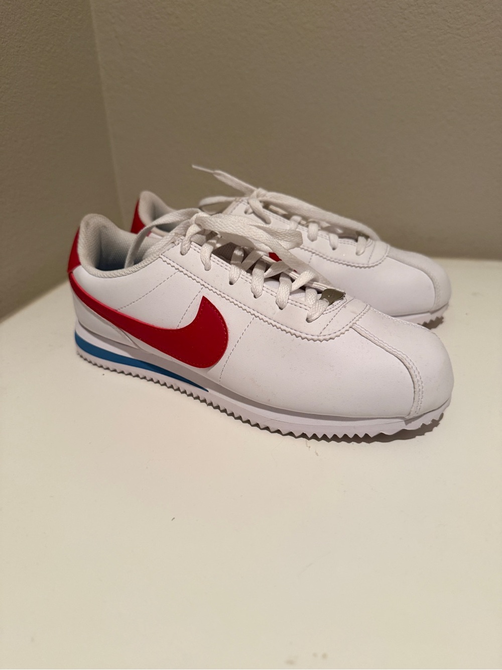 Nike Cortez White Sneakers with Red Swoosh and Blue Heel Stripe